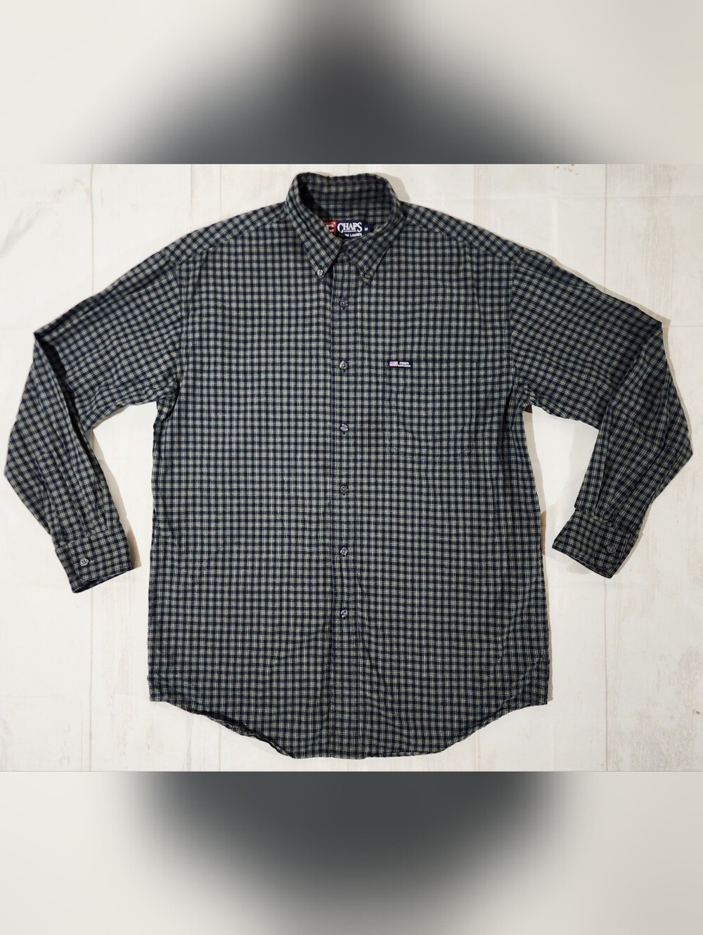 Vintage Chaps Ralph Lauren Men's Medium Blue Green Windowpane Plaid Button Down